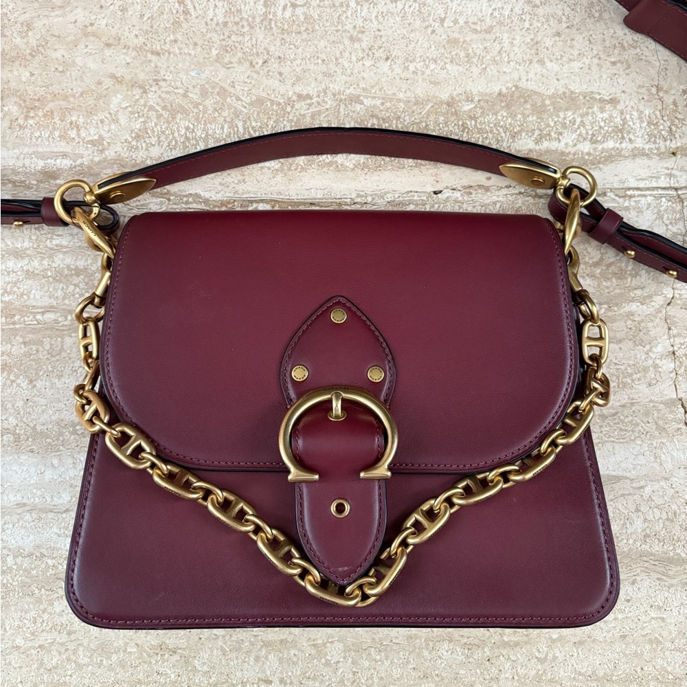 Coach Burgundy Leather Shoulder Bag with Gold Chain